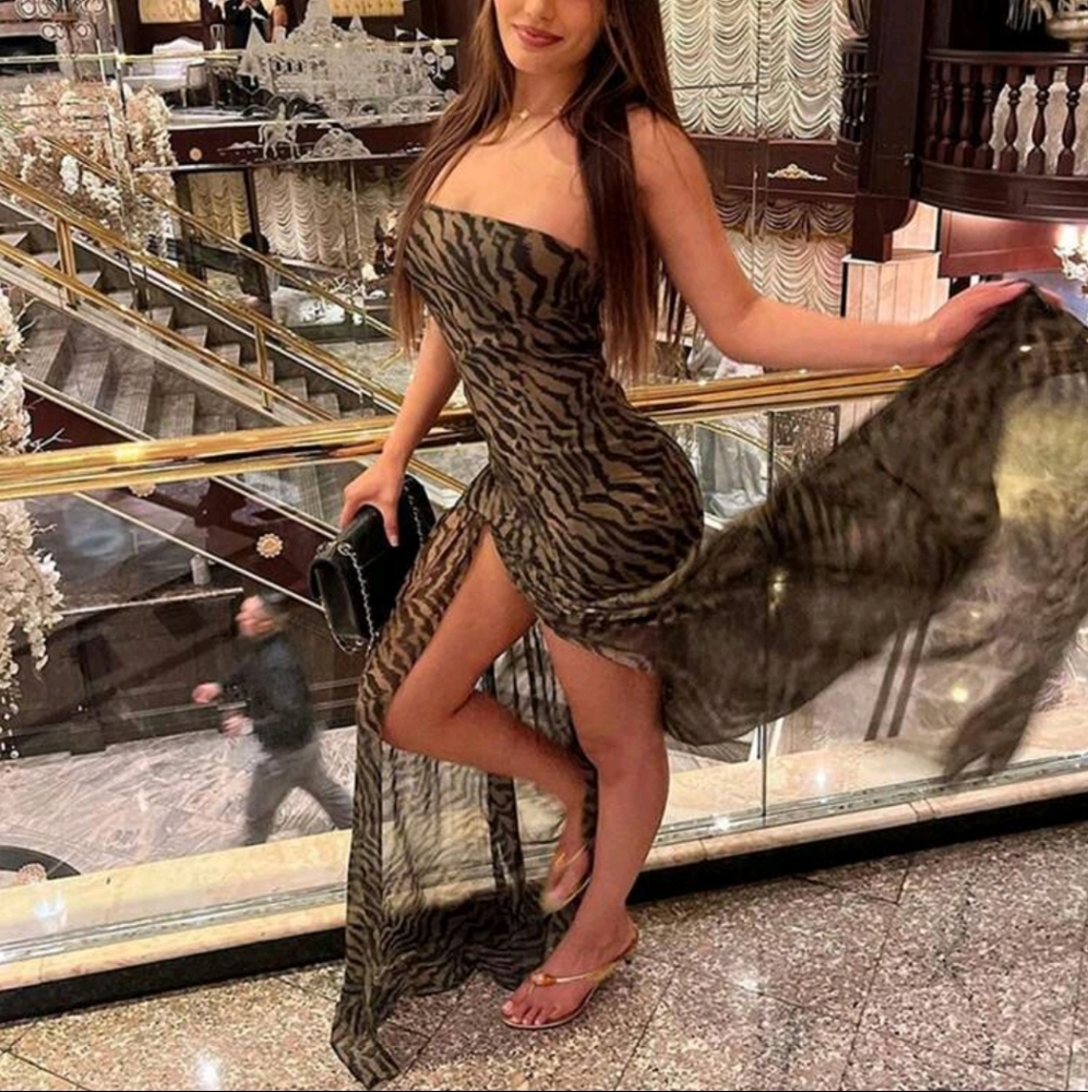 Women Tube Top Dress Slim Strapless Backless Mesh Patchwork Maxi Dress Leopard - Picture 8 of 10